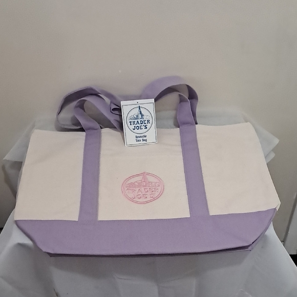 Trader Joe'S Handbags - Trader Joe's Lavender and Cream Large Canvas Tote Bag